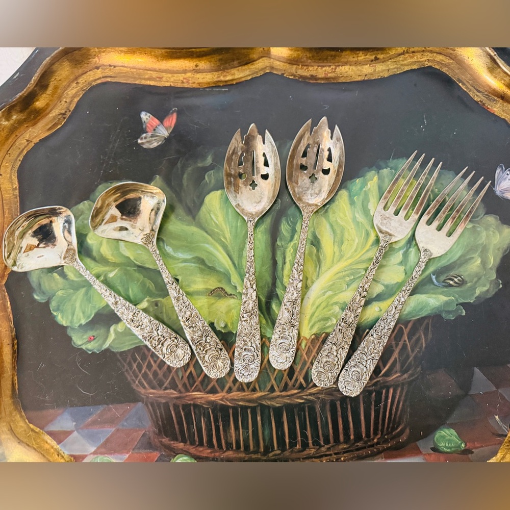 Vintage Godinger Olde Bouquet Reprousse Silver Plate Serving Pieces-Set of Six
